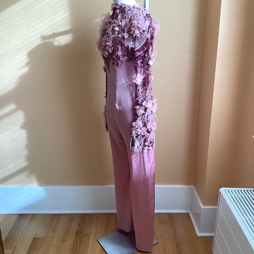 Designer Couture Pink Silk Jumpsuit Floral Appliqué Size Small - Picture 4 of 16